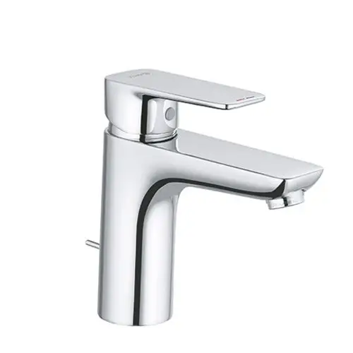 Waschtischarmatur von Kludi in chromfarbenem Finish, mit einem Hebel zur Steuerung des Wasserflusses und einem seitlichen Mechanismus zum Öffnen des Ablaufs.